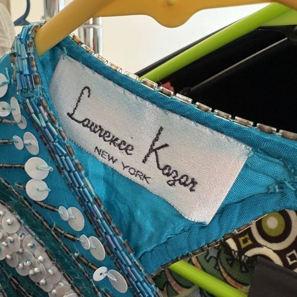 vintage 80s dress sequin beaded blue silk flapper feathers party cocktail prom M - Picture 11 of 11